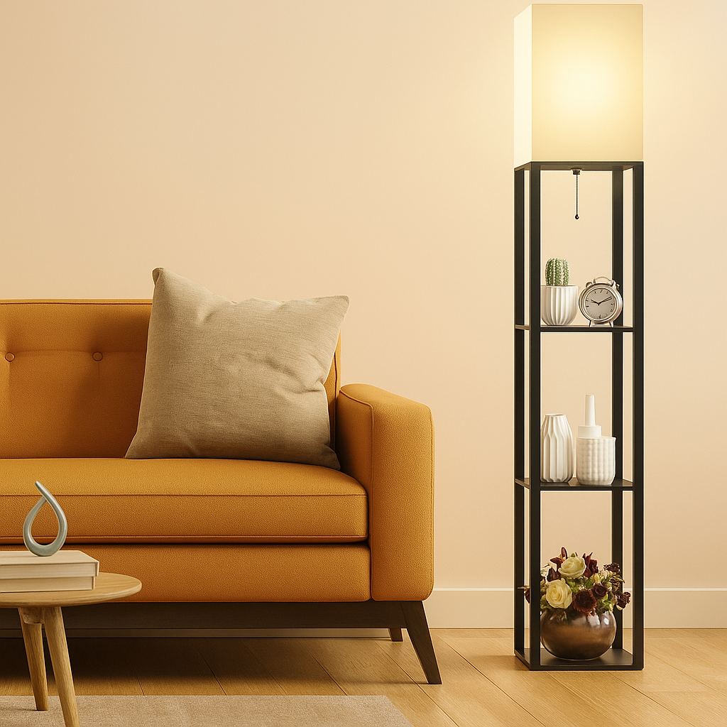 Modern floor lamp with three shelves and warm fabric shade, perfect for combining lighting and storage in living rooms or bedrooms.