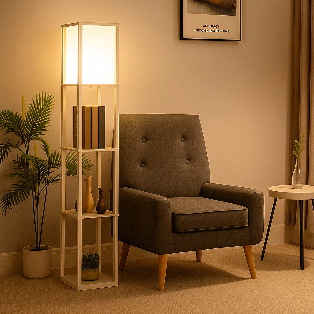 Modern floor lamp with three shelves and warm fabric shade, perfect for combining lighting and storage in living rooms or bedrooms.