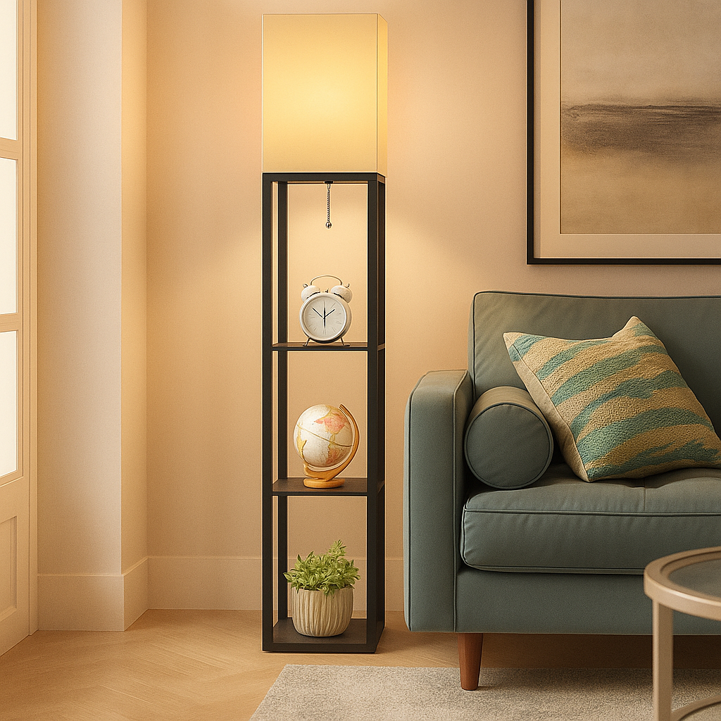 Modern floor lamp with three shelves and warm fabric shade, perfect for combining lighting and storage in living rooms or bedrooms.