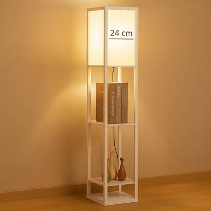 Modern floor lamp with three shelves and warm fabric shade, perfect for combining lighting and storage in living rooms or bedrooms.
