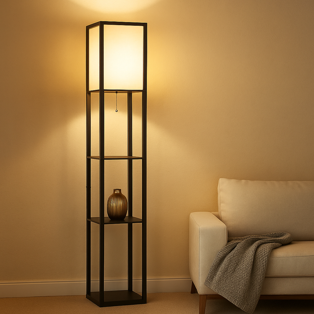 Modern floor lamp with three shelves and warm fabric shade, perfect for combining lighting and storage in living rooms or bedrooms.
