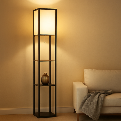 Modern floor lamp with three shelves and warm fabric shade, perfect for combining lighting and storage in living rooms or bedrooms.
