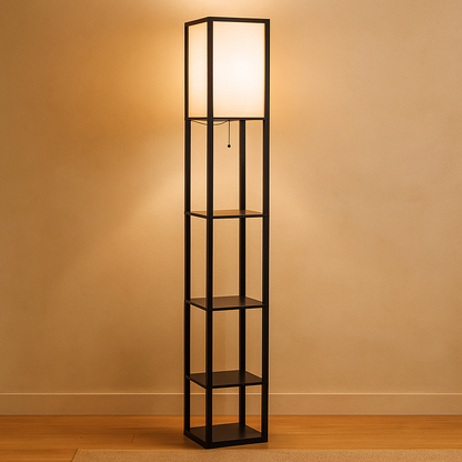 Modern floor lamp with three shelves and warm fabric shade, perfect for combining lighting and storage in living rooms or bedrooms.