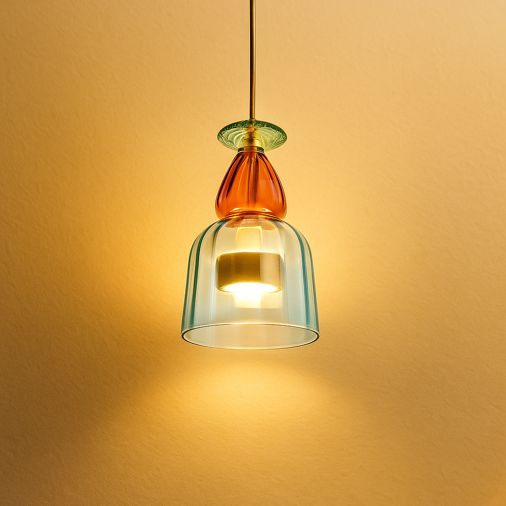 Modern glass pendant light with macaron design in colorful glass, ideal for adding a playful and elegant touch to living rooms or kitchens.