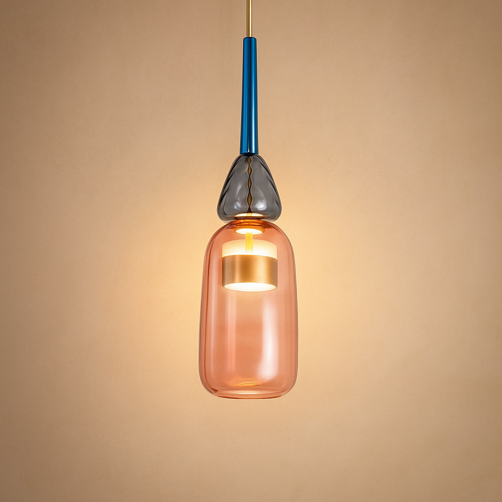 Modern glass pendant light with macaron design in colorful glass, ideal for adding a playful and elegant touch to living rooms or kitchens.
