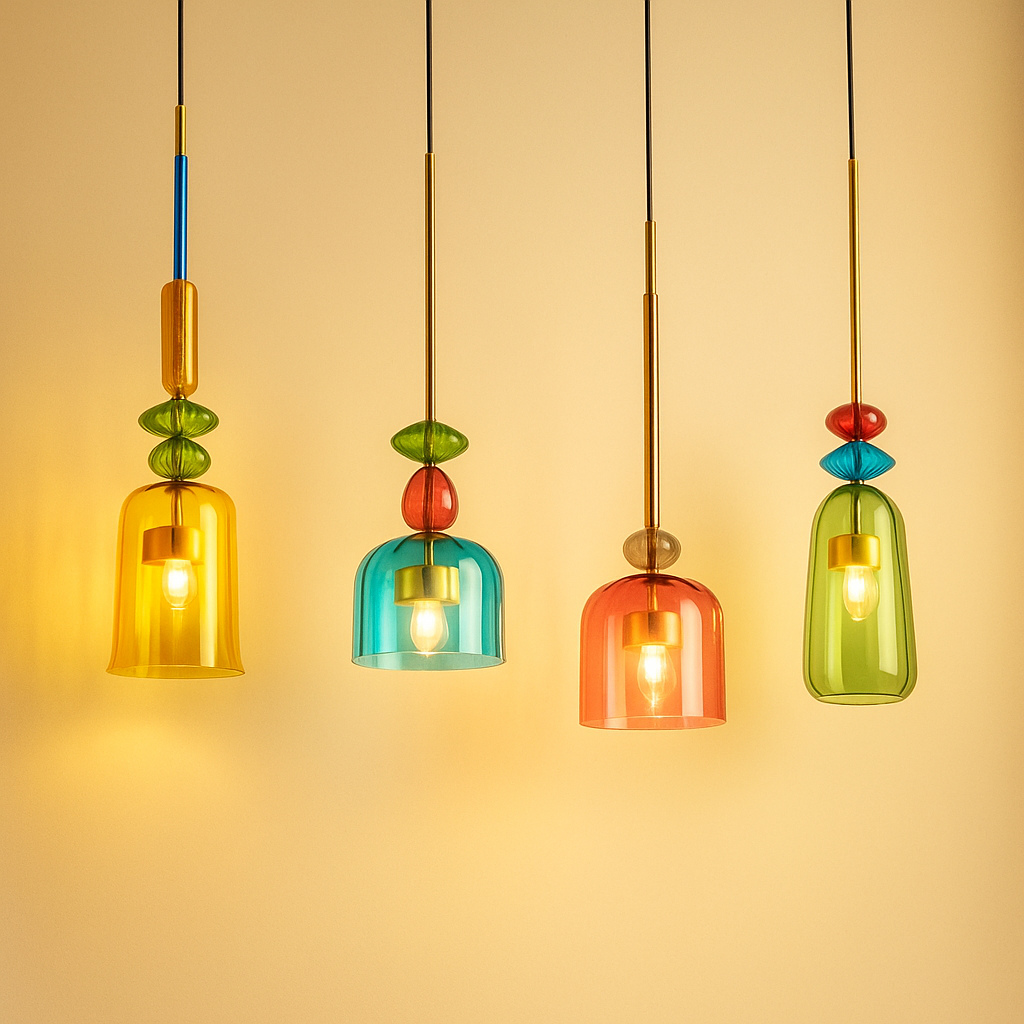 Modern glass pendant light with macaron design in colorful glass, ideal for adding a playful and elegant touch to living rooms or kitchens.