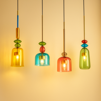 Modern glass pendant light with macaron design in colorful glass, ideal for adding a playful and elegant touch to living rooms or kitchens.