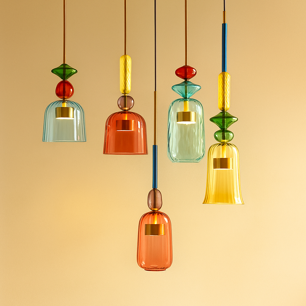 Modern glass pendant light with macaron design in colorful glass, ideal for adding a playful and elegant touch to living rooms or kitchens.