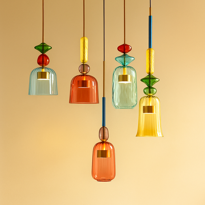 Modern glass pendant light with macaron design in colorful glass, ideal for adding a playful and elegant touch to living rooms or kitchens.