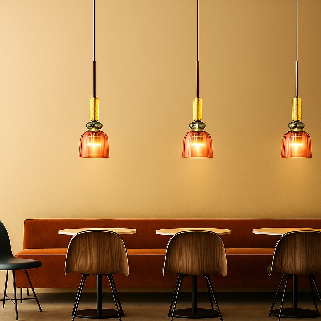 Modern glass pendant light with macaron design in colorful glass, ideal for adding a playful and elegant touch to living rooms or kitchens.