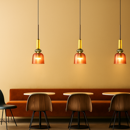 Modern glass pendant light with macaron design in colorful glass, ideal for adding a playful and elegant touch to living rooms or kitchens.