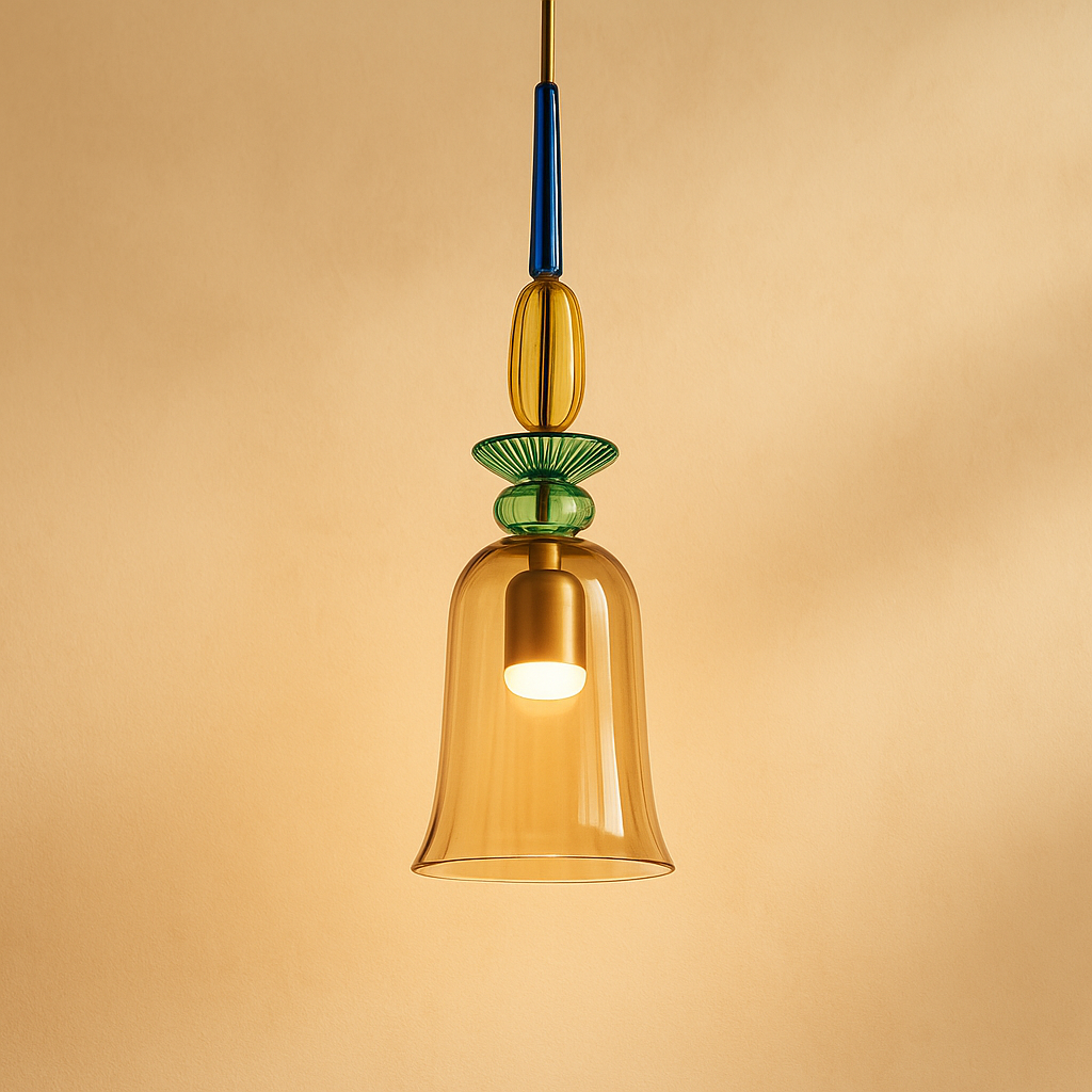 Modern glass pendant light with macaron design in colorful glass, ideal for adding a playful and elegant touch to living rooms or kitchens.