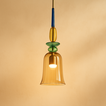 Modern glass pendant light with macaron design in colorful glass, ideal for adding a playful and elegant touch to living rooms or kitchens.