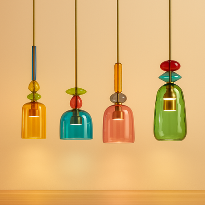 Modern glass pendant light with macaron design in colorful glass, ideal for adding a playful and elegant touch to living rooms or kitchens.