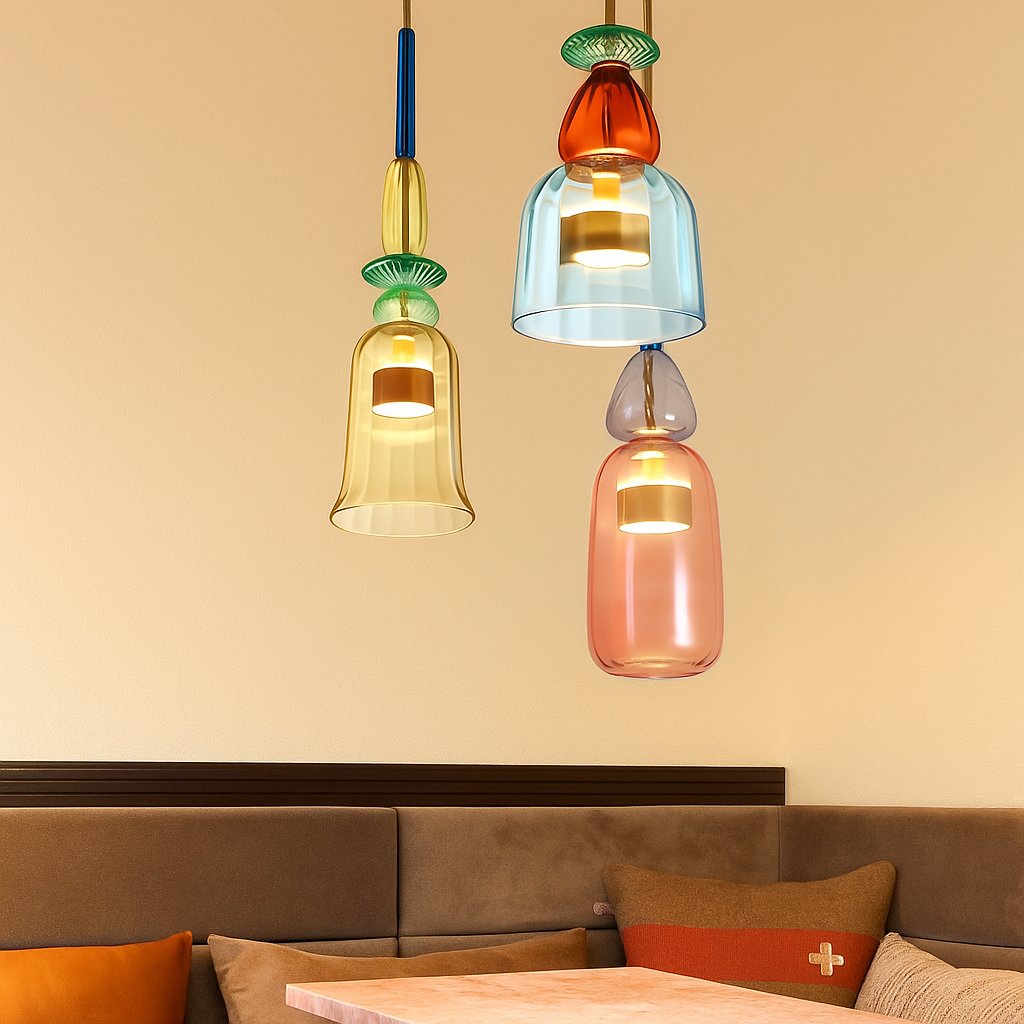 Modern glass pendant light with macaron design in colorful glass, ideal for adding a playful and elegant touch to living rooms or kitchens.