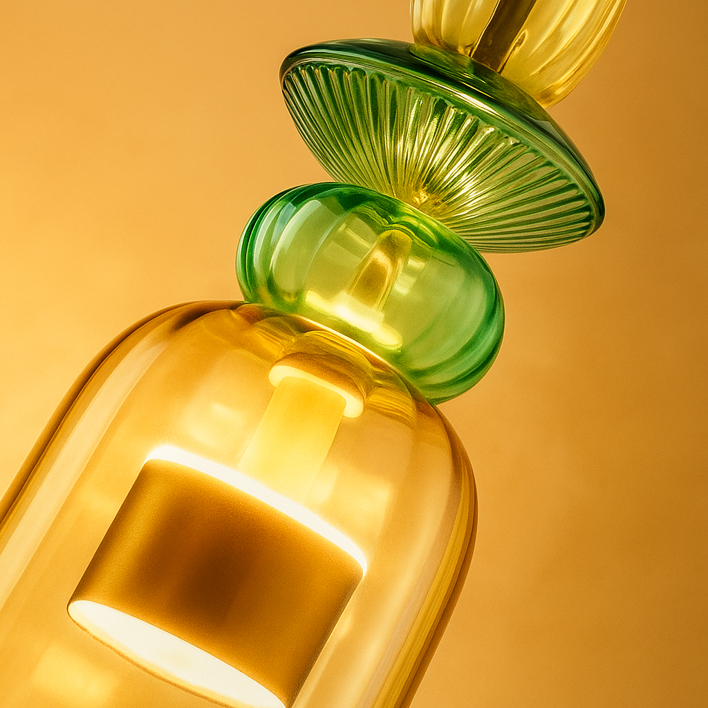 Modern glass pendant light with macaron design in colorful glass, ideal for adding a playful and elegant touch to living rooms or kitchens.