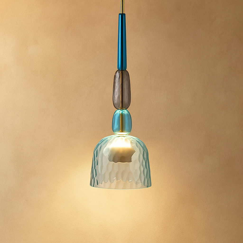 Modern glass pendant light with macaron design in colorful glass, ideal for adding a playful and elegant touch to living rooms or kitchens.