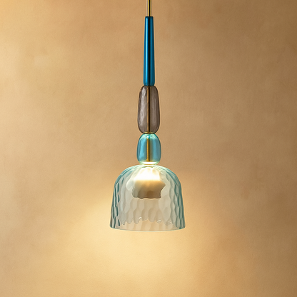 Modern glass pendant light with macaron design in colorful glass, ideal for adding a playful and elegant touch to living rooms or kitchens.