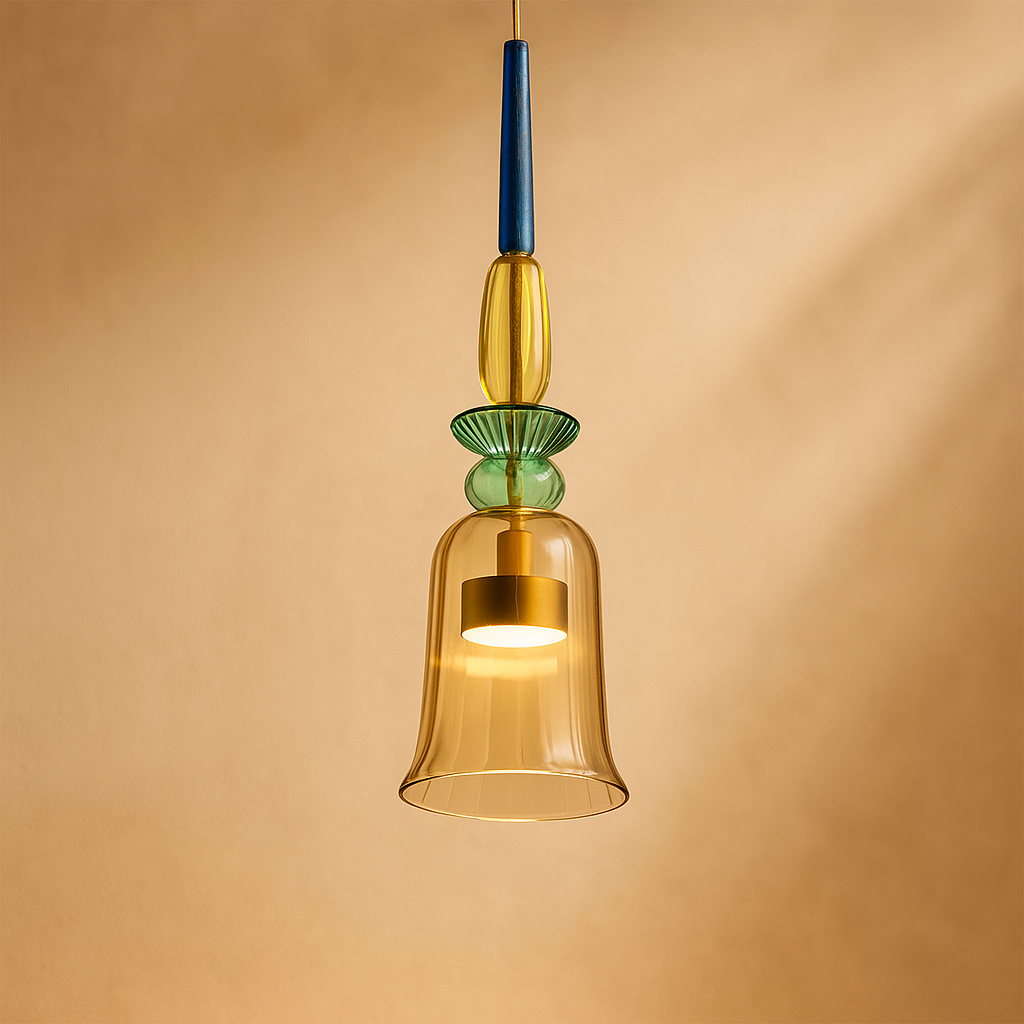 Modern glass pendant light with macaron design in colorful glass, ideal for adding a playful and elegant touch to living rooms or kitchens.