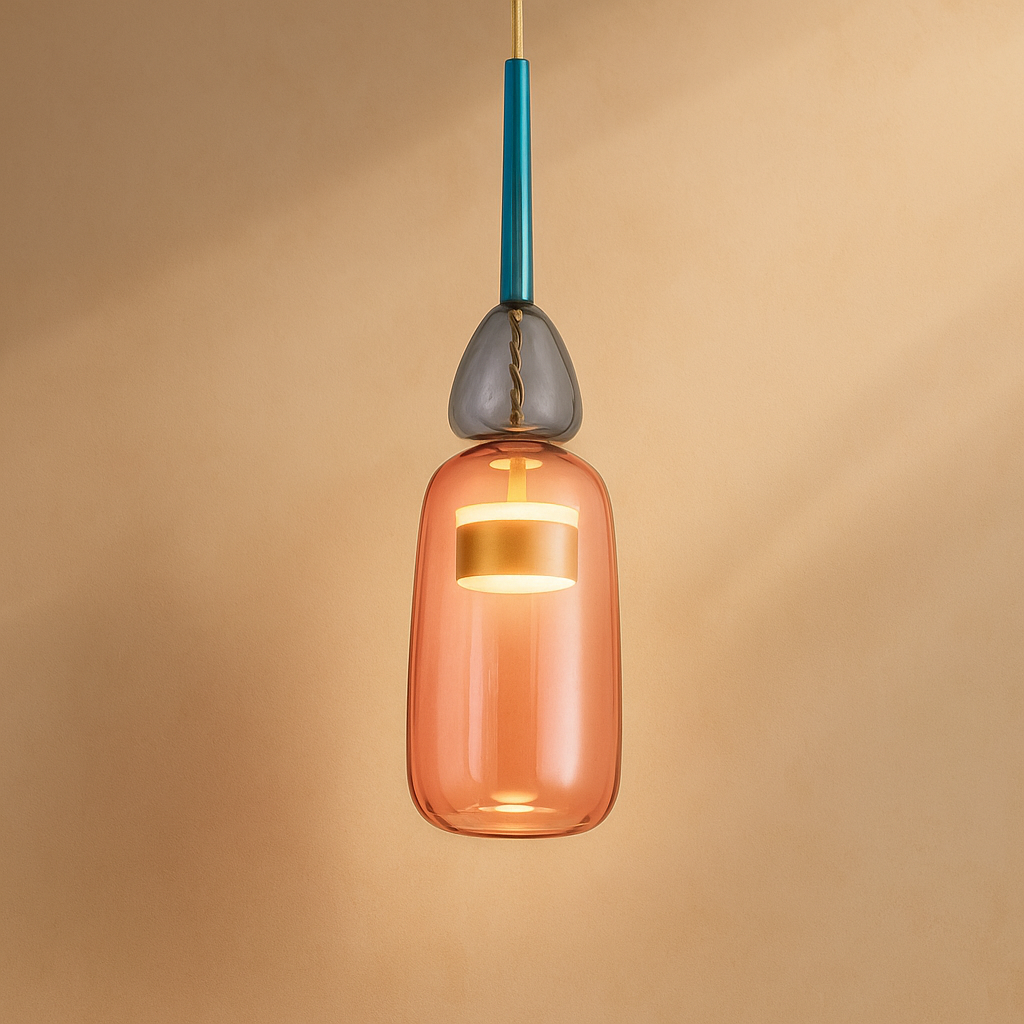 Modern glass pendant light with macaron design in colorful glass, ideal for adding a playful and elegant touch to living rooms or kitchens.