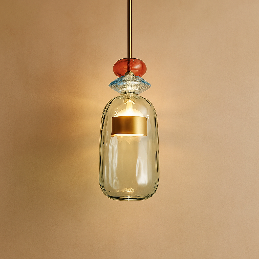 Modern glass pendant light with macaron design in colorful glass, ideal for adding a playful and elegant touch to living rooms or kitchens.