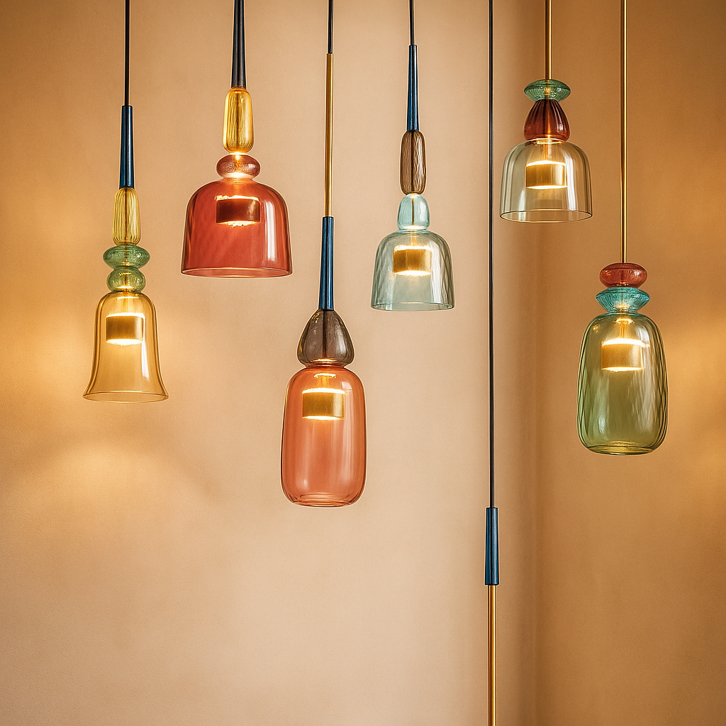 Modern glass pendant light with macaron design in colorful glass, ideal for adding a playful and elegant touch to living rooms or kitchens.