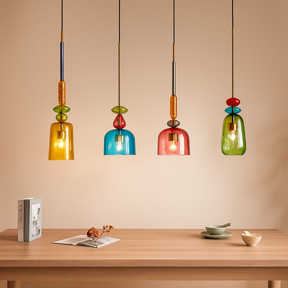 Modern glass pendant light with macaron design in colorful glass, ideal for adding a playful and elegant touch to living rooms or kitchens.