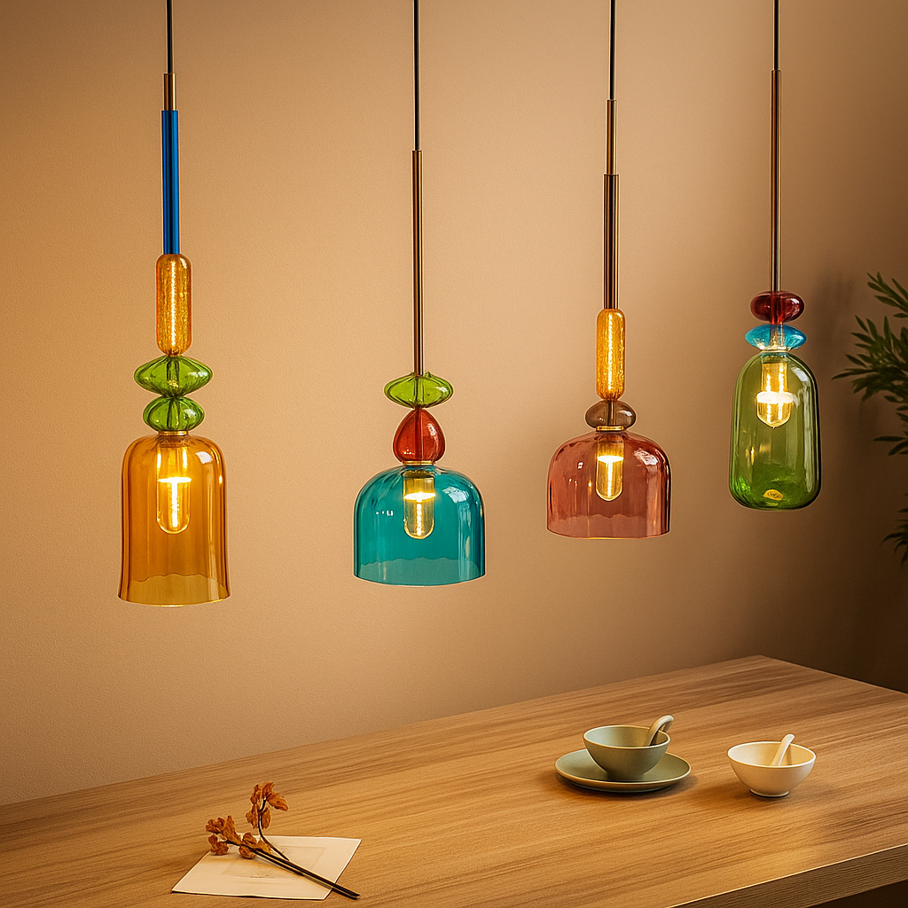 Modern glass pendant light with macaron design in colorful glass, ideal for adding a playful and elegant touch to living rooms or kitchens.