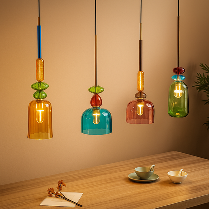 Modern glass pendant light with macaron design in colorful glass, ideal for adding a playful and elegant touch to living rooms or kitchens.