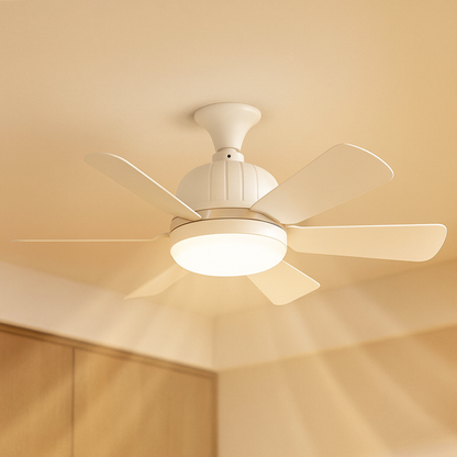 Modern six-blade LED ceiling fan with dimmable light and remote control, perfect for stylish living rooms or bedrooms.