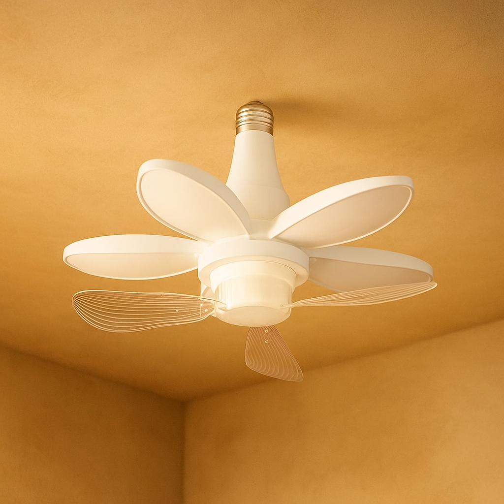 Modern white ceiling fan with transparent glass blades and dimmable LED light, ideal for contemporary living rooms or bedrooms.