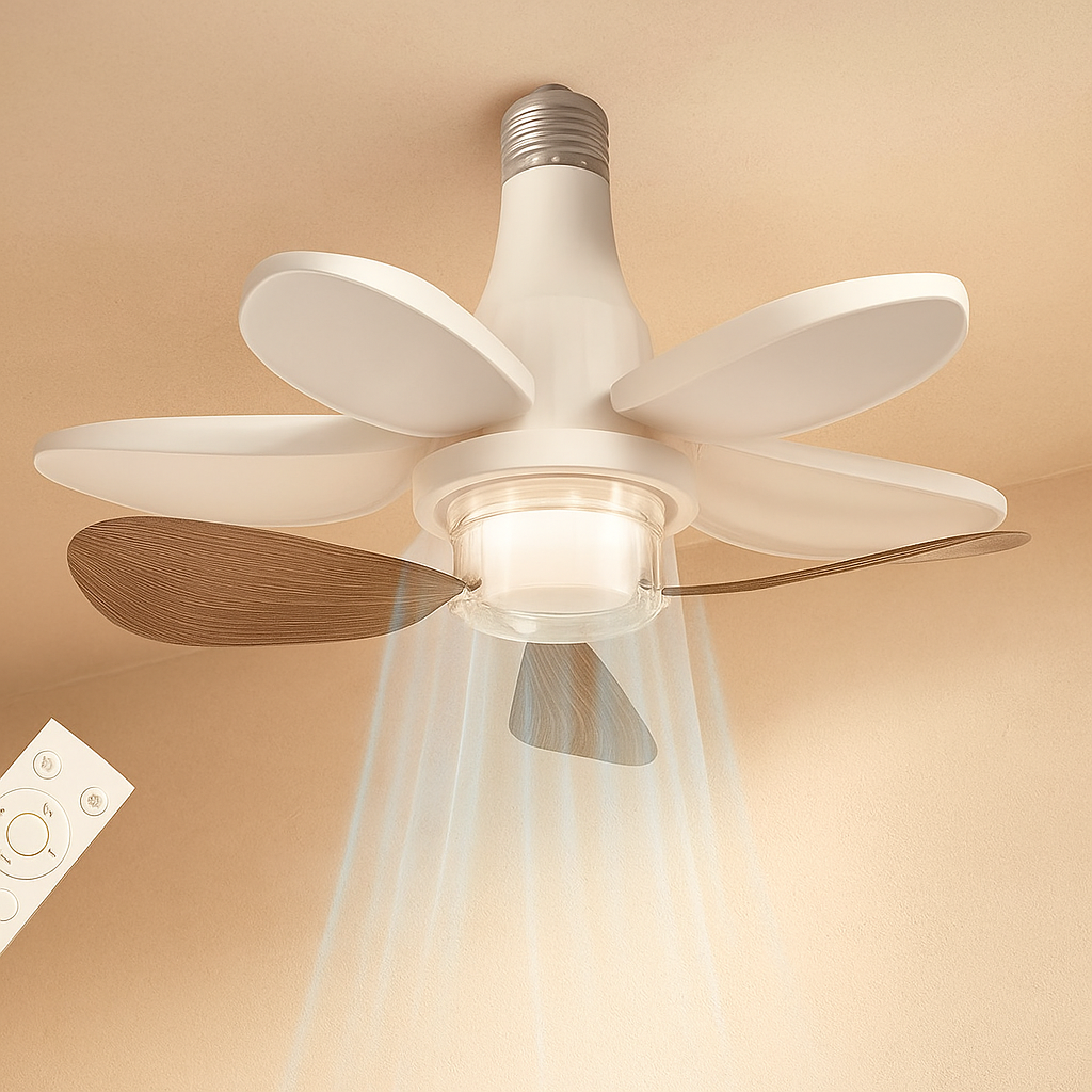 Modern white ceiling fan with transparent glass blades and dimmable LED light, ideal for contemporary living rooms or bedrooms.