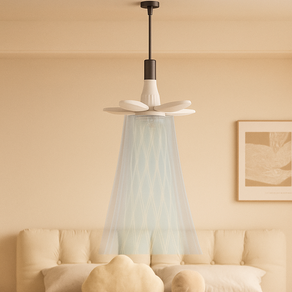 Modern white ceiling fan with transparent glass blades and dimmable LED light, ideal for contemporary living rooms or bedrooms.