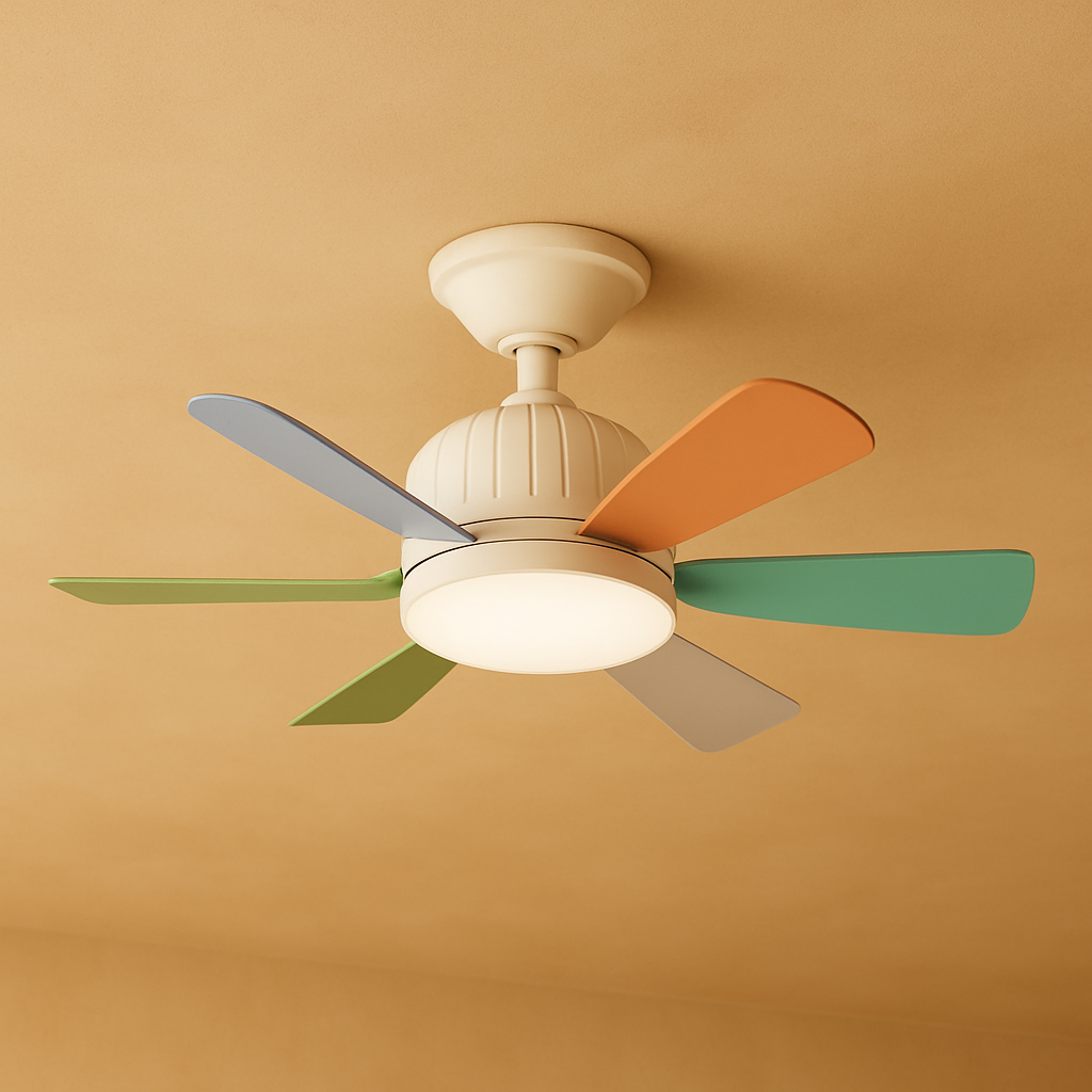 Modern six-blade LED ceiling fan with dimmable light and remote control, perfect for stylish living rooms or bedrooms.