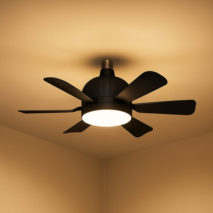 Modern six-blade LED ceiling fan with dimmable light and remote control, perfect for stylish living rooms or bedrooms.