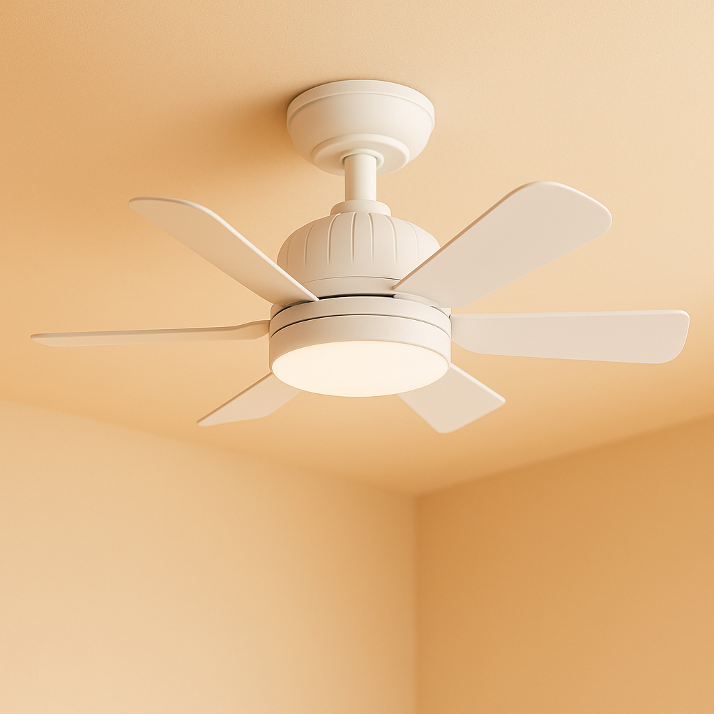 Modern six-blade LED ceiling fan with dimmable light and remote control, perfect for stylish living rooms or bedrooms.
