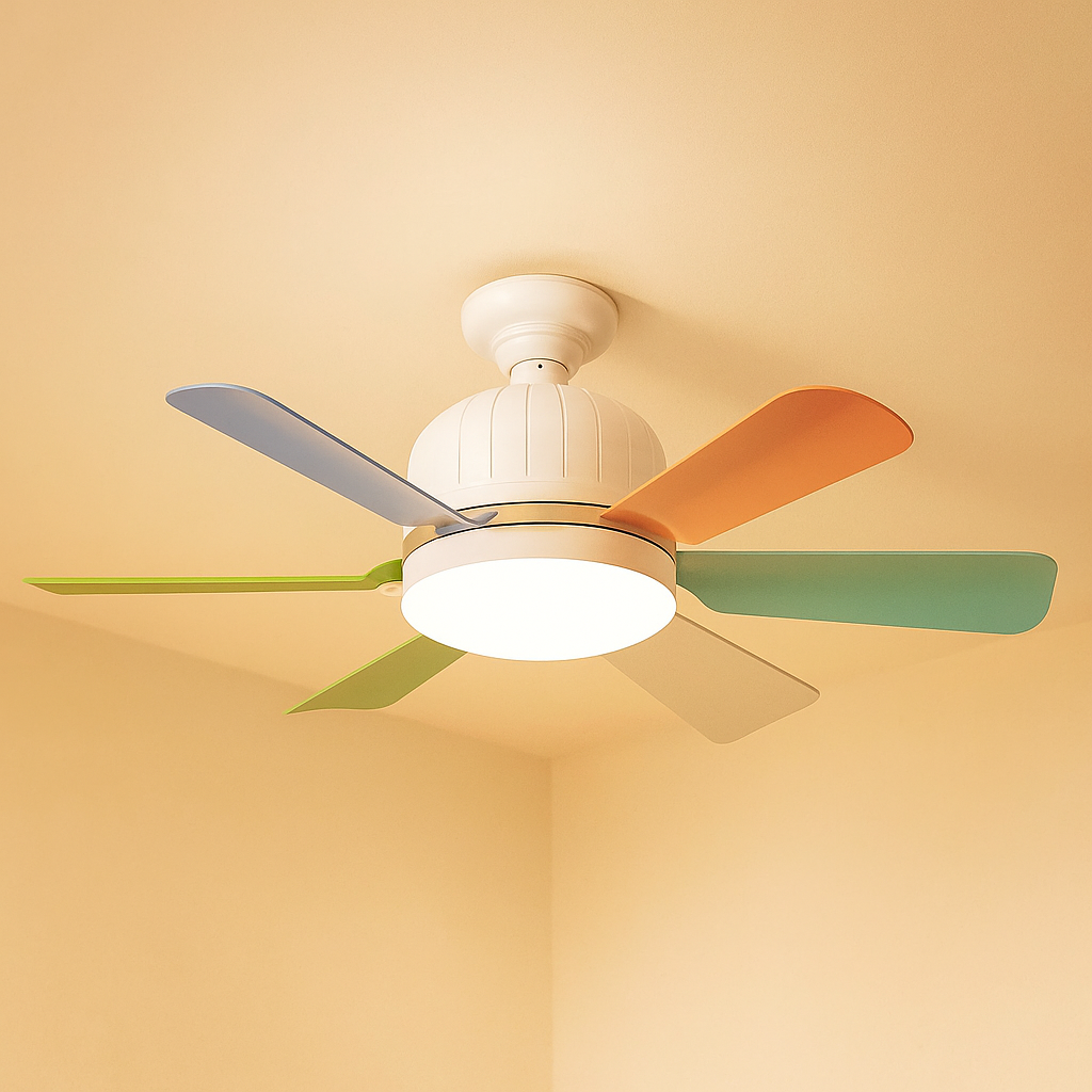 Modern six-blade LED ceiling fan with dimmable light and remote control, perfect for stylish living rooms or bedrooms.