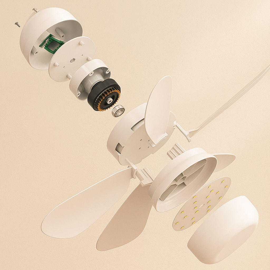 Modern six-blade LED ceiling fan with dimmable light and remote control, perfect for stylish living rooms or bedrooms.