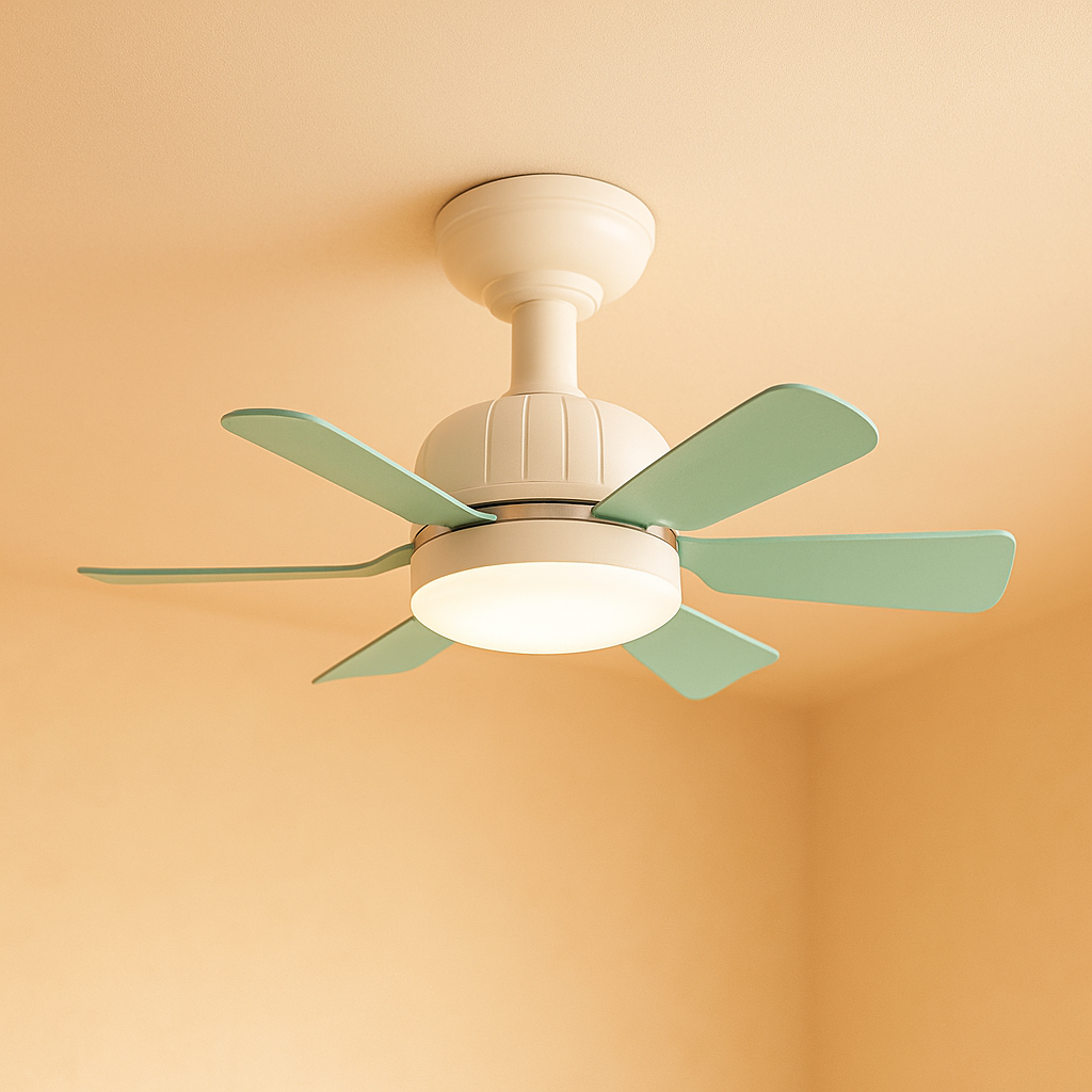 Modern six-blade LED ceiling fan with dimmable light and remote control, perfect for stylish living rooms or bedrooms.