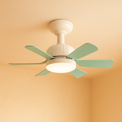 Modern six-blade LED ceiling fan with dimmable light and remote control, perfect for stylish living rooms or bedrooms.