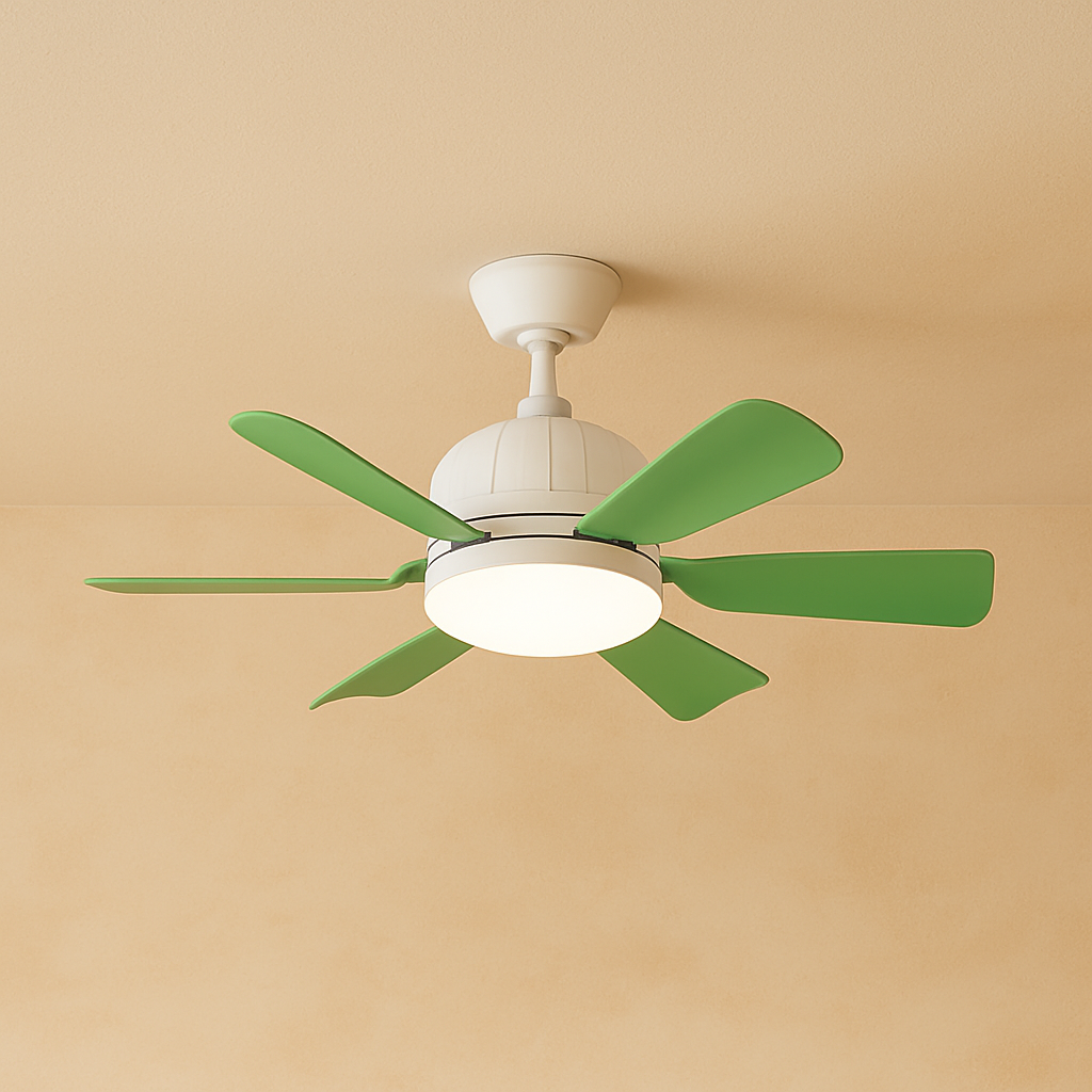 Modern six-blade LED ceiling fan with dimmable light and remote control, perfect for stylish living rooms or bedrooms.