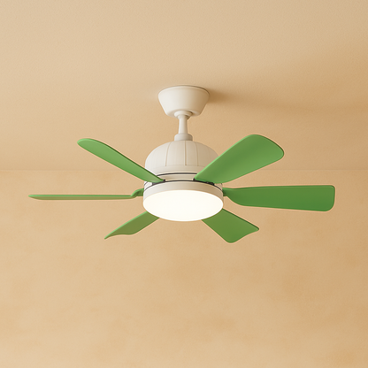 Modern six-blade LED ceiling fan with dimmable light and remote control, perfect for stylish living rooms or bedrooms.
