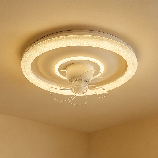 Modern white ceiling fan with transparent blades and LED light, perfect for stylish living rooms or bedrooms.