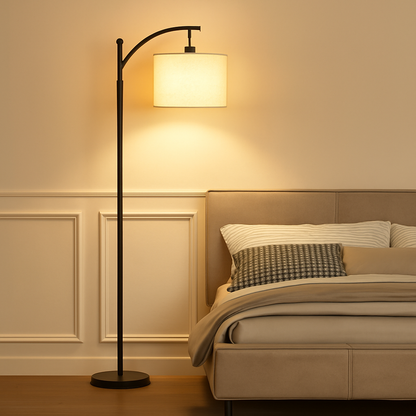 Modern black LED floor lamp with slim aluminum frame, ideal for creating stylish and energy-efficient lighting in living rooms or bedrooms.