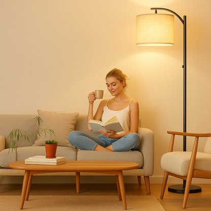 Modern black LED floor lamp with slim aluminum frame, ideal for creating stylish and energy-efficient lighting in living rooms or bedrooms.