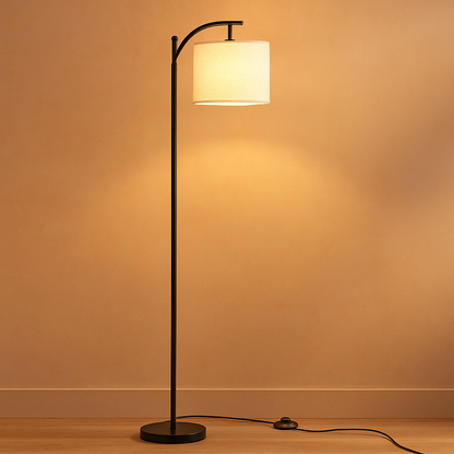 Modern black LED floor lamp with slim aluminum frame, ideal for creating stylish and energy-efficient lighting in living rooms or bedrooms.