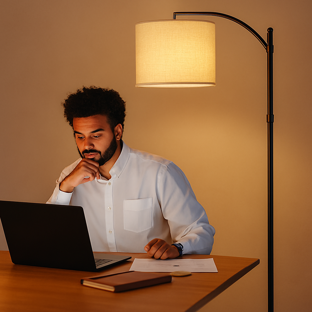 Modern black LED floor lamp with slim aluminum frame, ideal for creating stylish and energy-efficient lighting in living rooms or bedrooms.