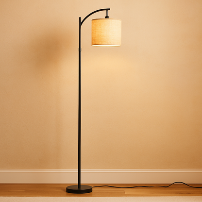 Modern black LED floor lamp with slim aluminum frame, ideal for creating stylish and energy-efficient lighting in living rooms or bedrooms.