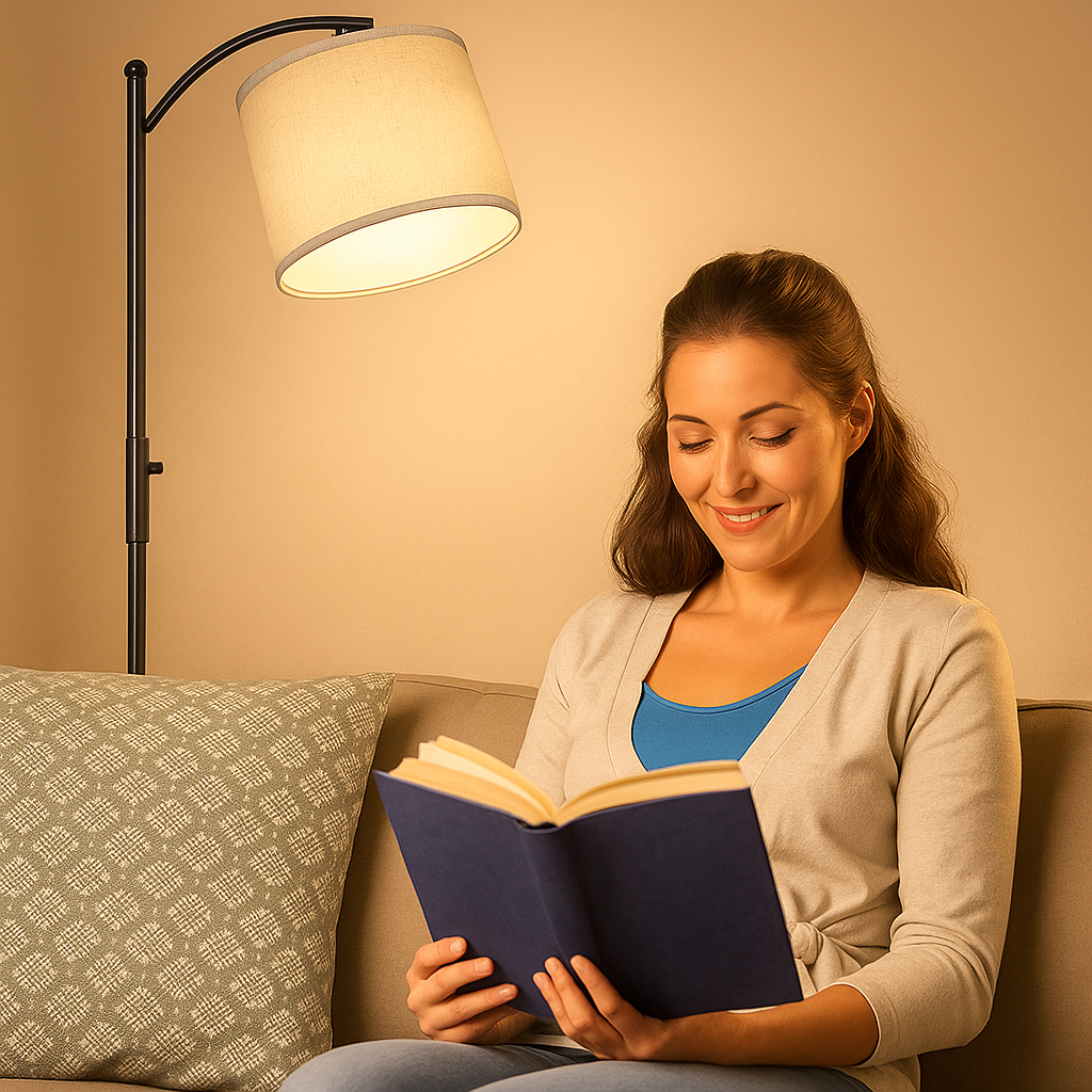 Modern black LED floor lamp with slim aluminum frame, ideal for creating stylish and energy-efficient lighting in living rooms or bedrooms.