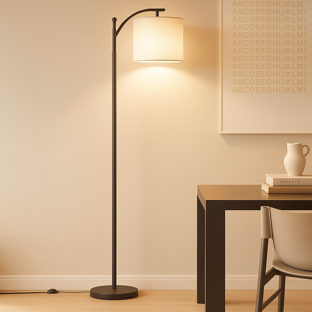 Modern black LED floor lamp with slim aluminum frame, ideal for creating stylish and energy-efficient lighting in living rooms or bedrooms.
